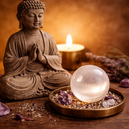 Selenite Sphere resting on a tabletop