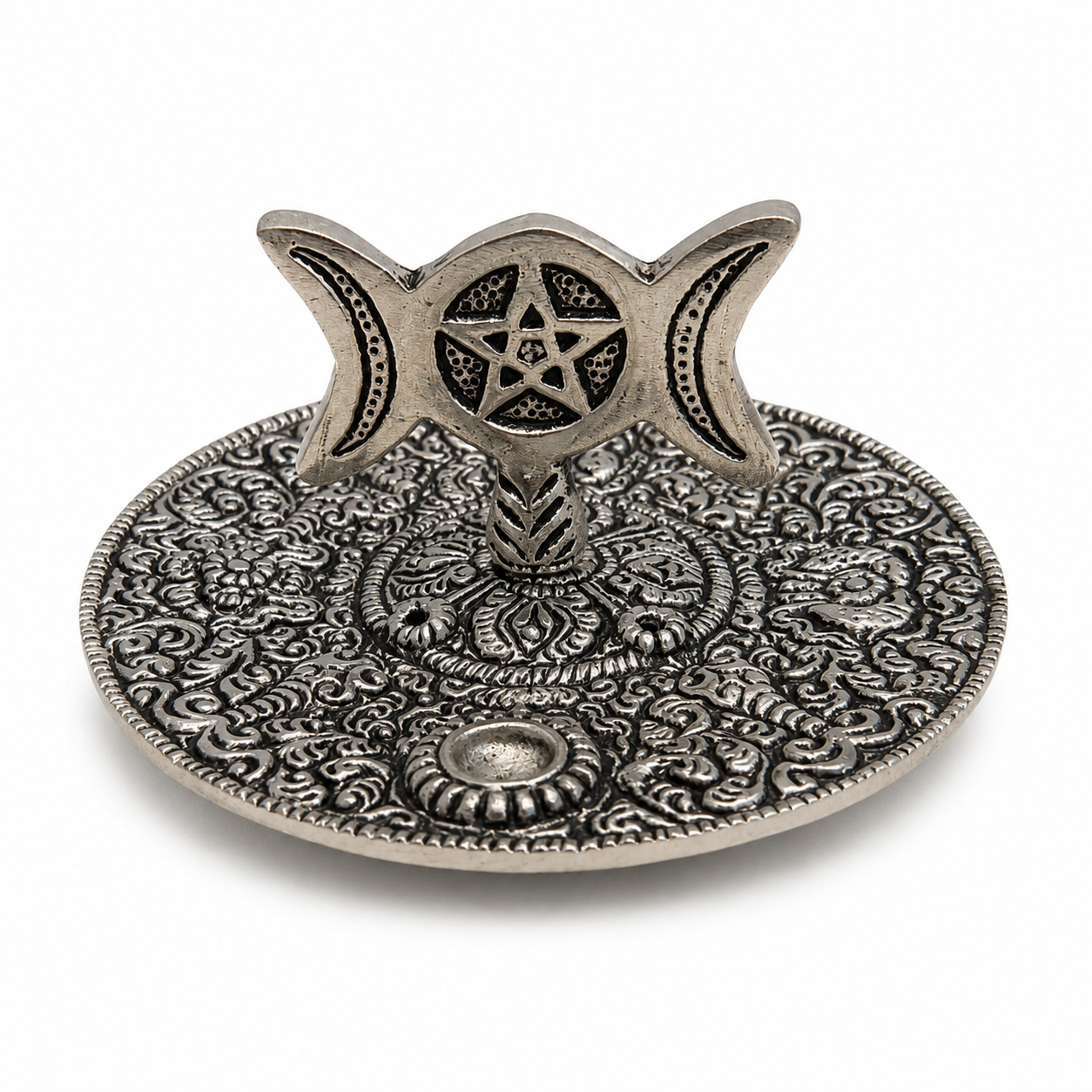 Ornate antique silver incense holder with an embossed floral tray and upright triple moon pentacle design on a white background.