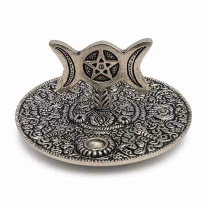 Ornate antique silver incense holder with an embossed floral tray and upright triple moon pentacle design on a white background.
