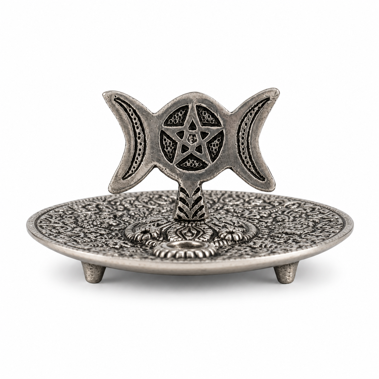 Antique silver Triple Moon pentacle incense holder with ornate floral detailing and raised stand on a white background.