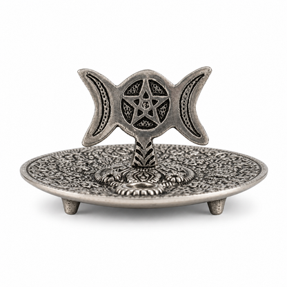 Antique silver Triple Moon pentacle incense holder with ornate floral detailing and raised stand on a white background.