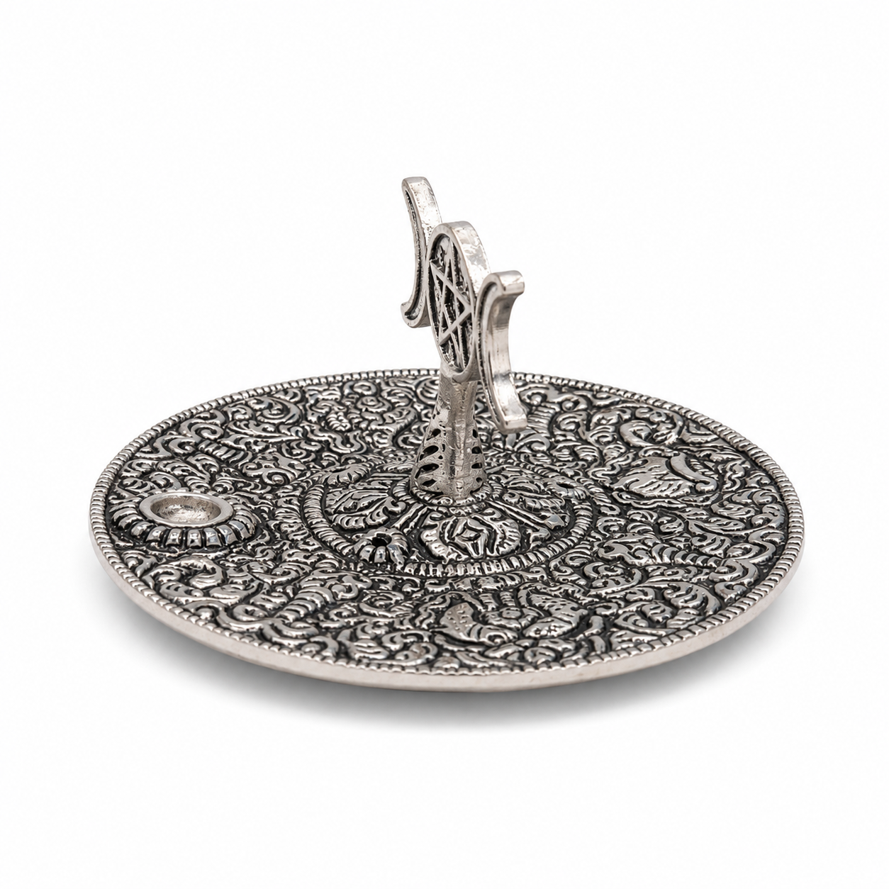 Antique silver Triple Moon pentacle incense holder with ornate floral detailing and raised stand on a white background.