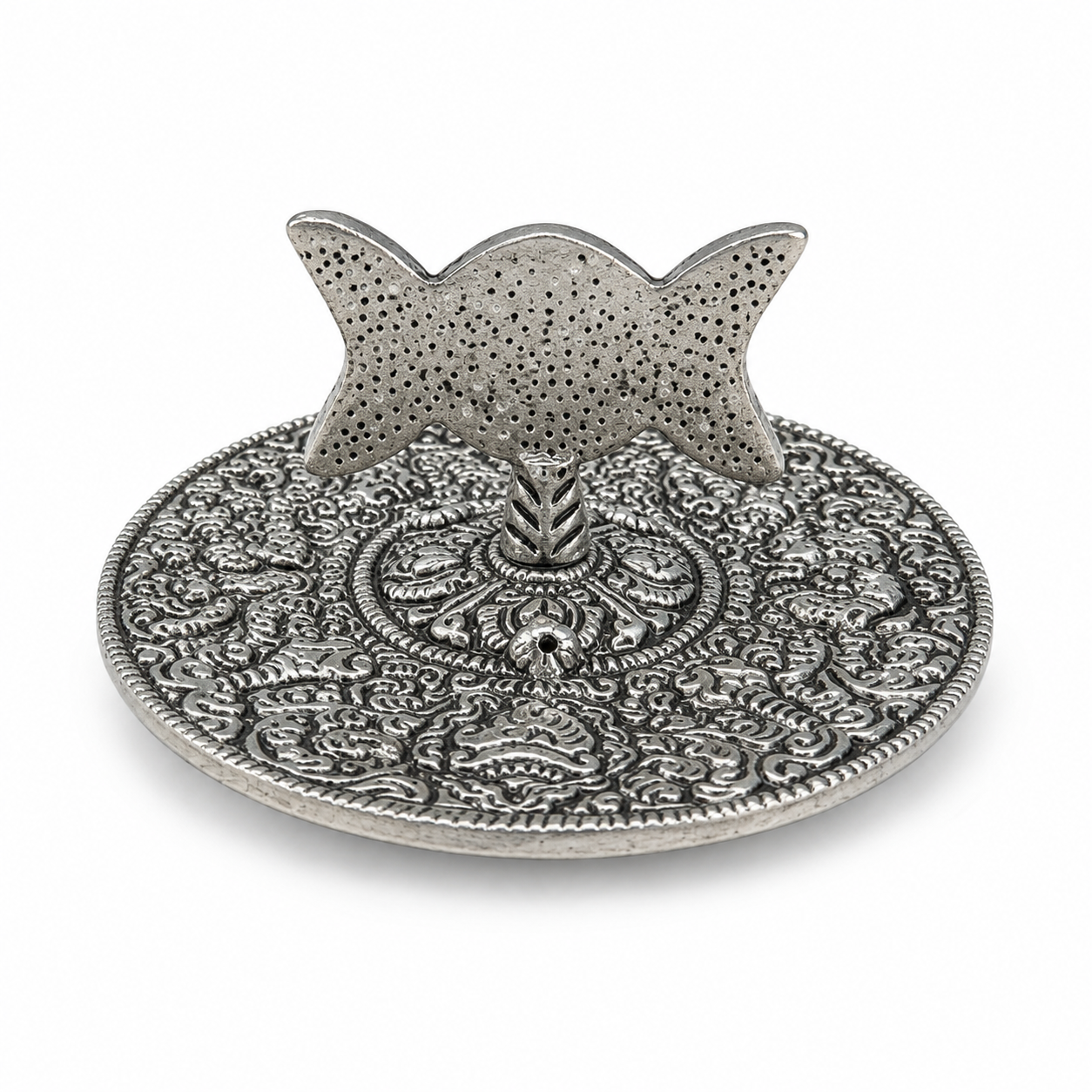 Antique silver Triple Moon pentacle incense holder with ornate floral detailing and raised stand on a white background.