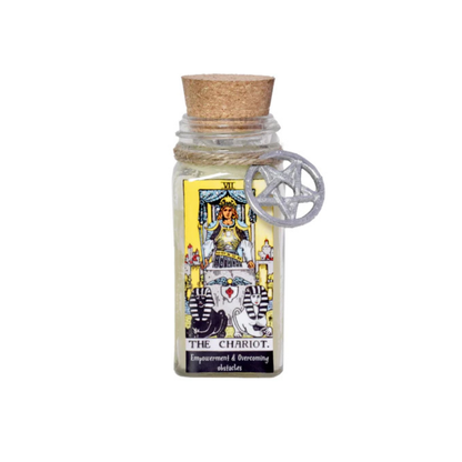 Decorative tarot candle for ritual use, energy work, and spiritual guidance.