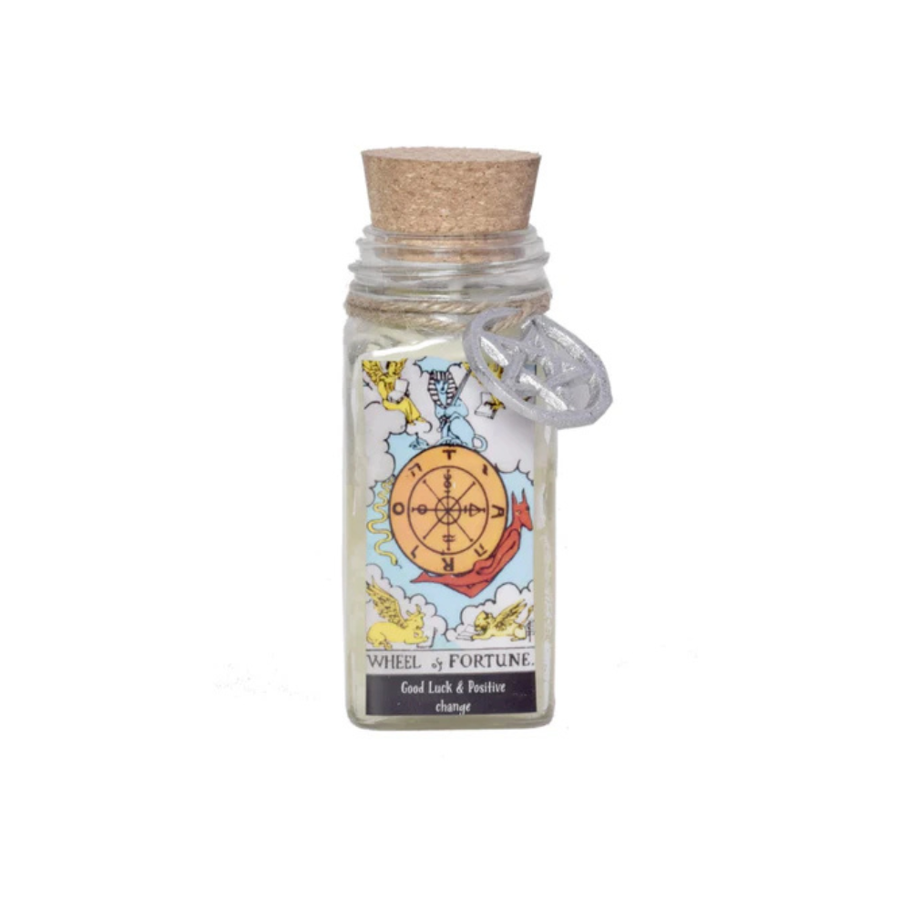 Decorative tarot candle for ritual use, energy work, and spiritual guidance.