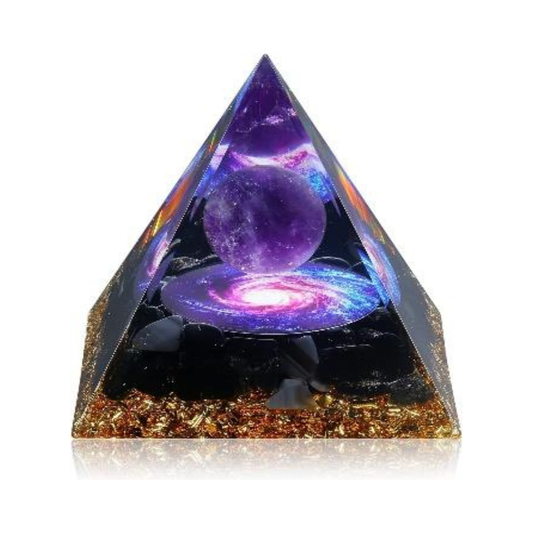 BLACK TOURMALINE ORGONITE CRYSTAL PYRAMID (80 MM)