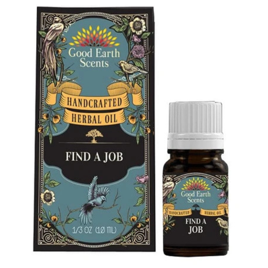 Good Earth Scents 'Find a Job' herbal oil bottle and packaging on a white background