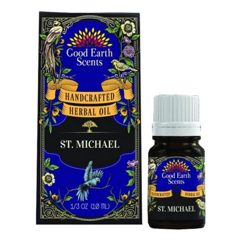 Good Earth Scents St. Michael herbal oil packaging and bottle on a white background
