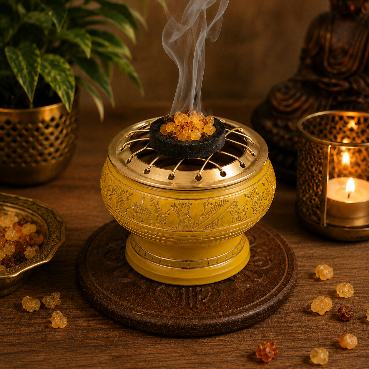 Lifestyle image of yellow and gold incense burner with brass screen, burning resin incense, and carved wooden coaster.