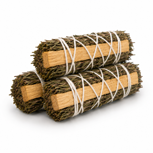 Rosemary smudge stick with palo santo on white background