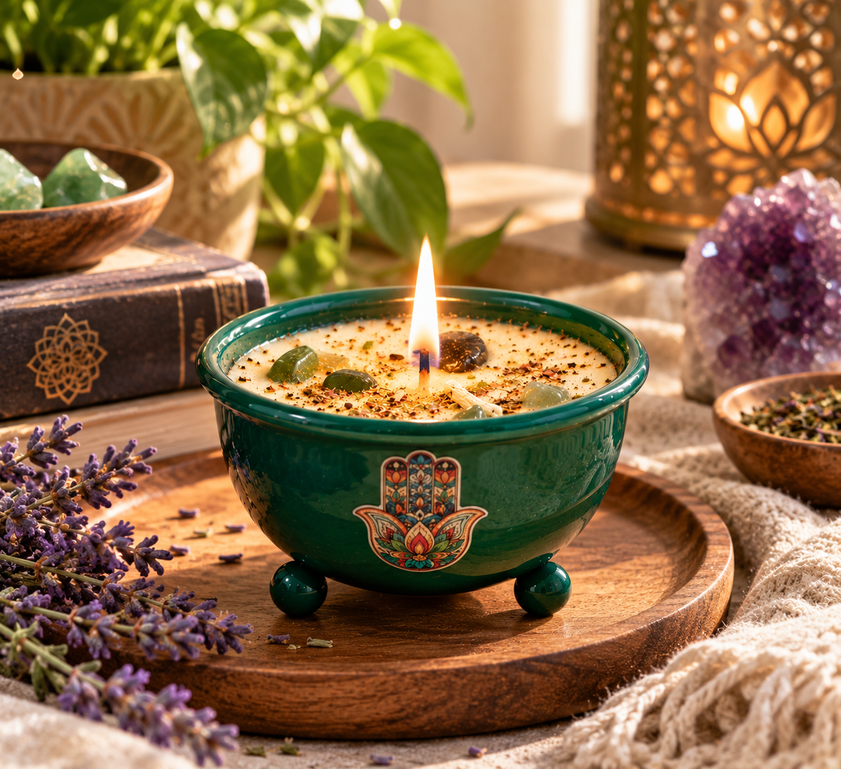 Lavender Garden Crystal Votive Candle | Green Hamsa Bowl