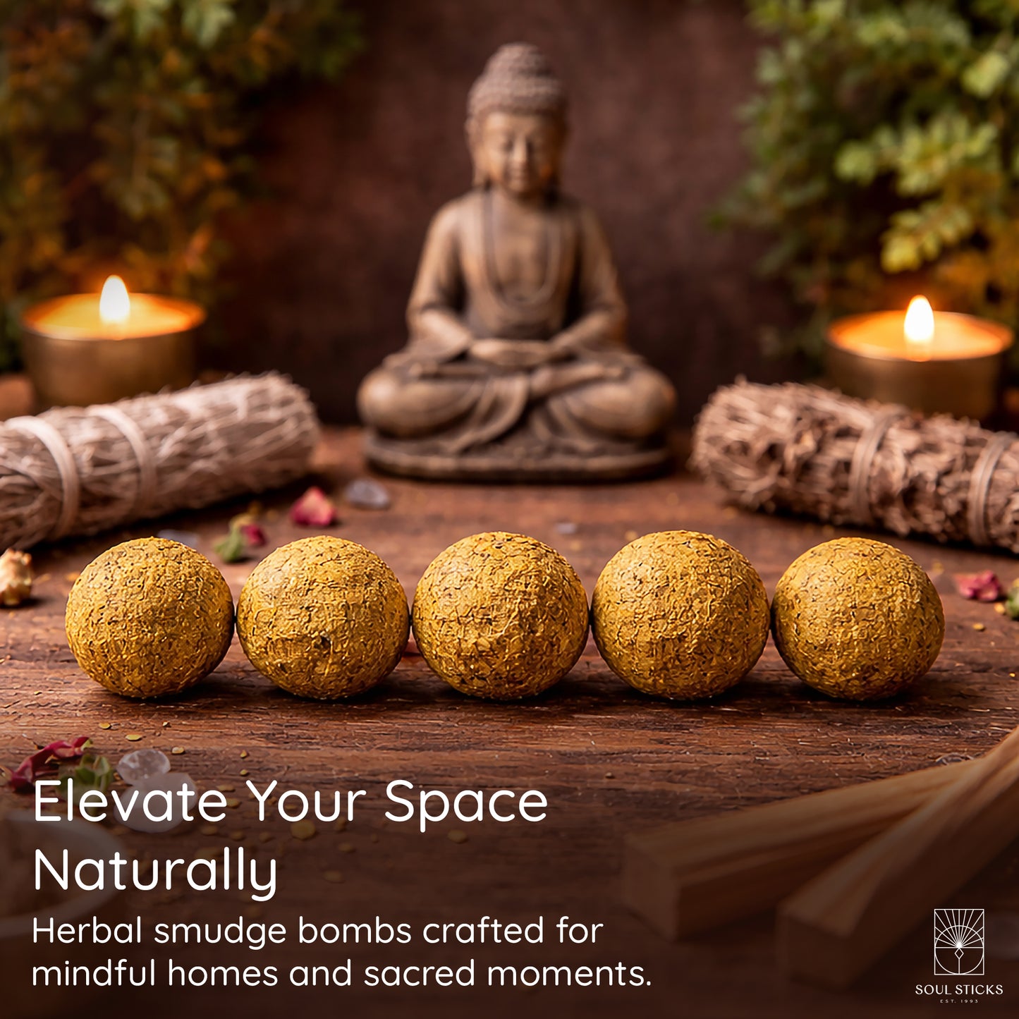 Amber Vanilla smudge bombs arranged in a bowl with herbs or flowers