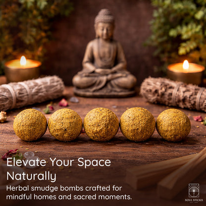 Amber Vanilla smudge bombs arranged in a bowl with herbs or flowers