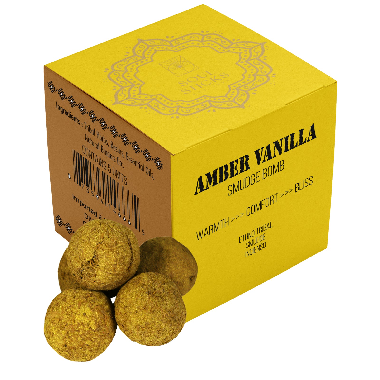 Box of Amber Vanilla smudge bombs on a plain background
