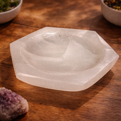 Selenite Hexagonal Plate displayed on a tabletop with crystals or candles