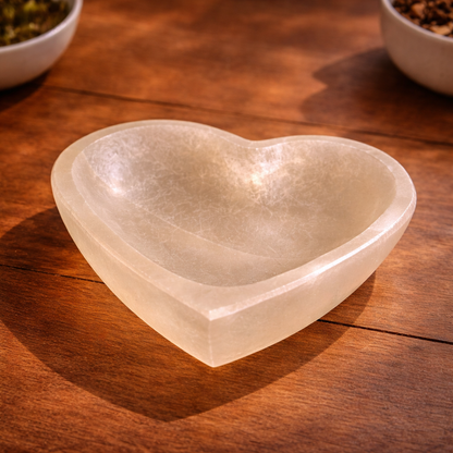 Heart Selenite Smudge Bowl displayed on a tabletop with crystals or candles
