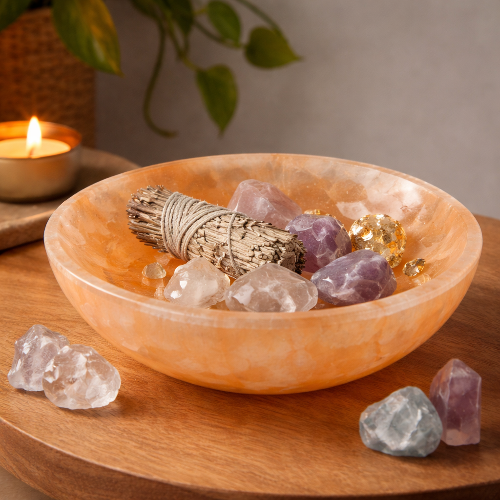 Orange Selenite Smudge Bowl displayed on a tabletop with crystals or candles