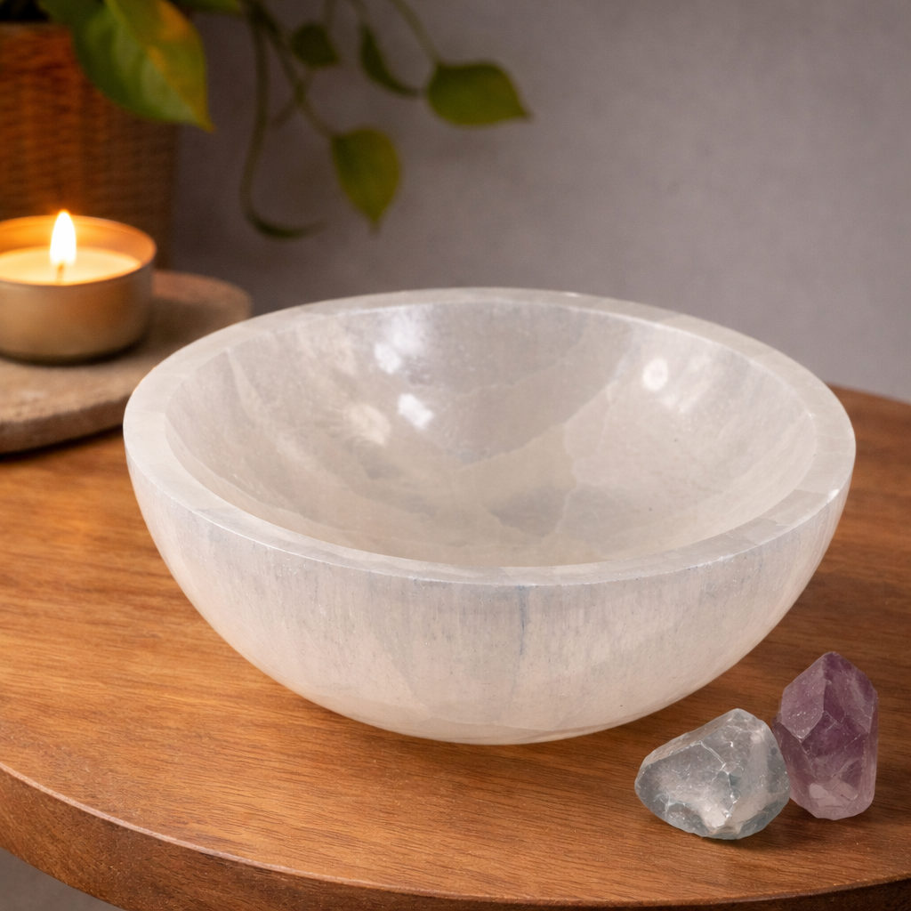 Selenite Smudge Bowl displayed on a tabletop with crystals or candles