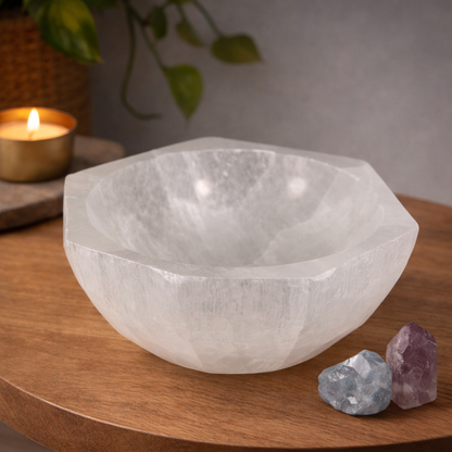 Selenite Hexagonal Bowl displayed on a tabletop with crystals or candles