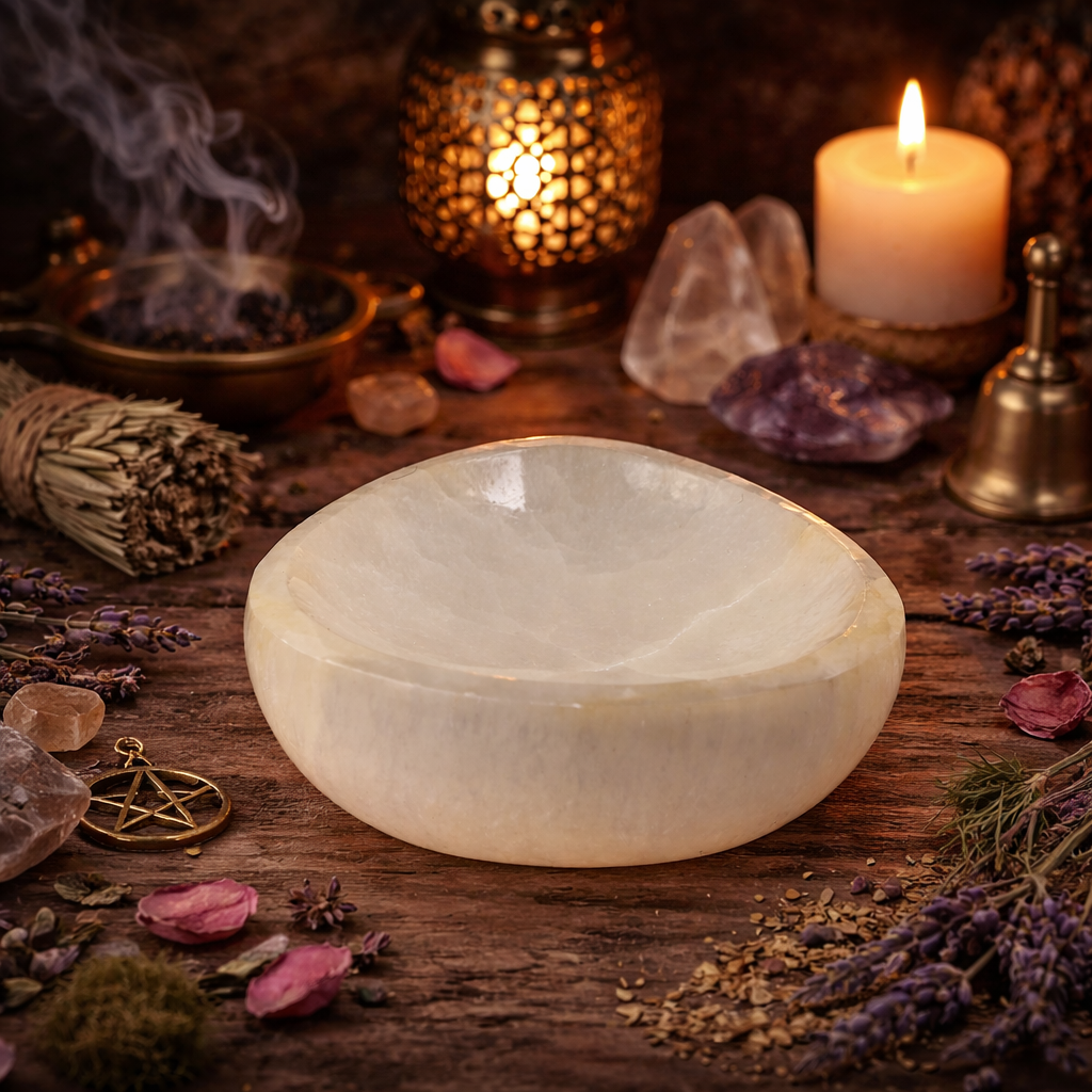 White stone bowl on a wooden surface with candles, crystals, and herbs