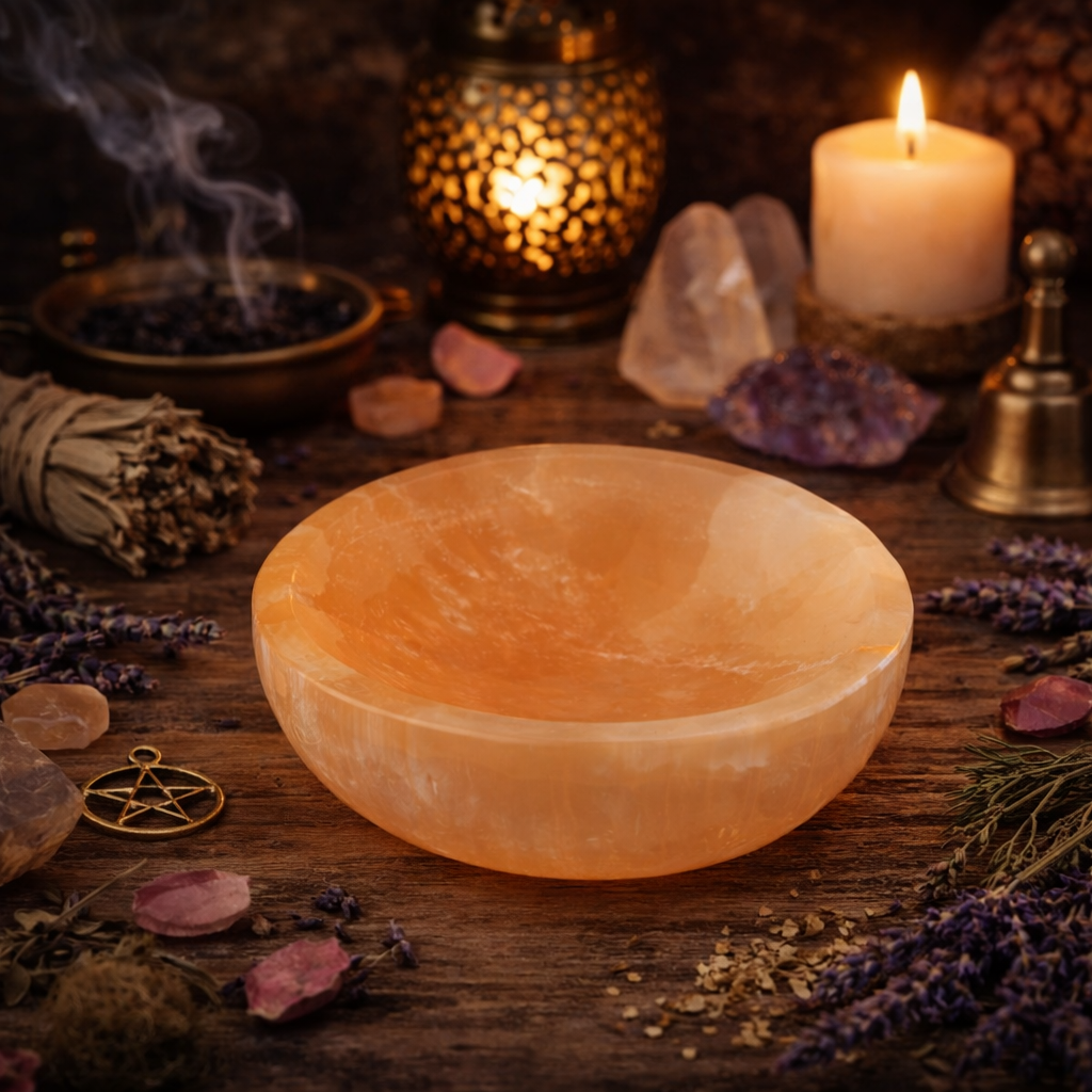 Orange Selenite Smudge Bowl displayed on a tabletop with crystals or candles