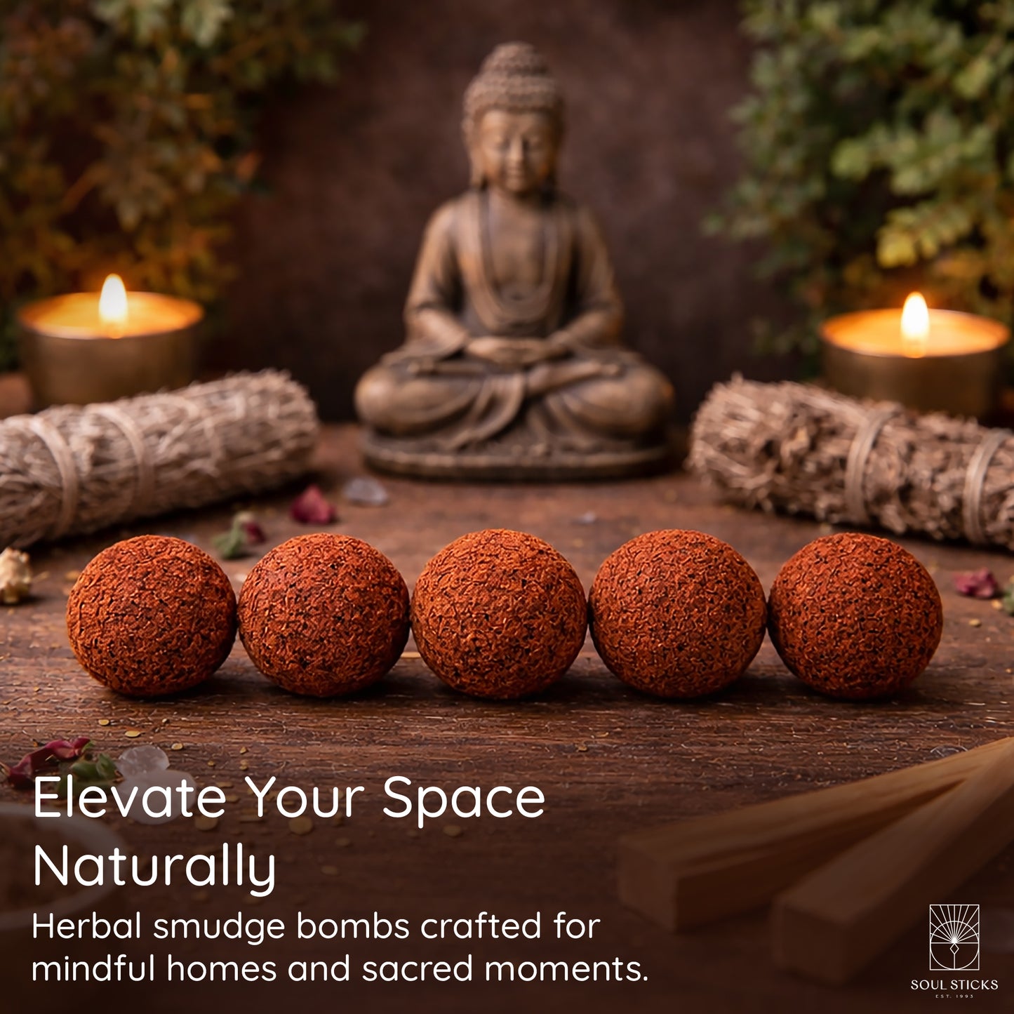Cedar & Pine smudge bombs styled with candles and ritual decor