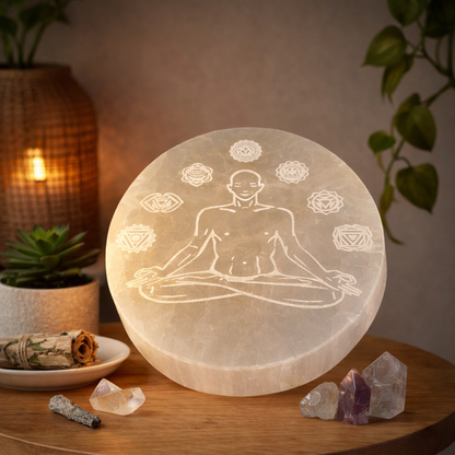 Selenite Meditation Charging Plate displayed on a tabletop