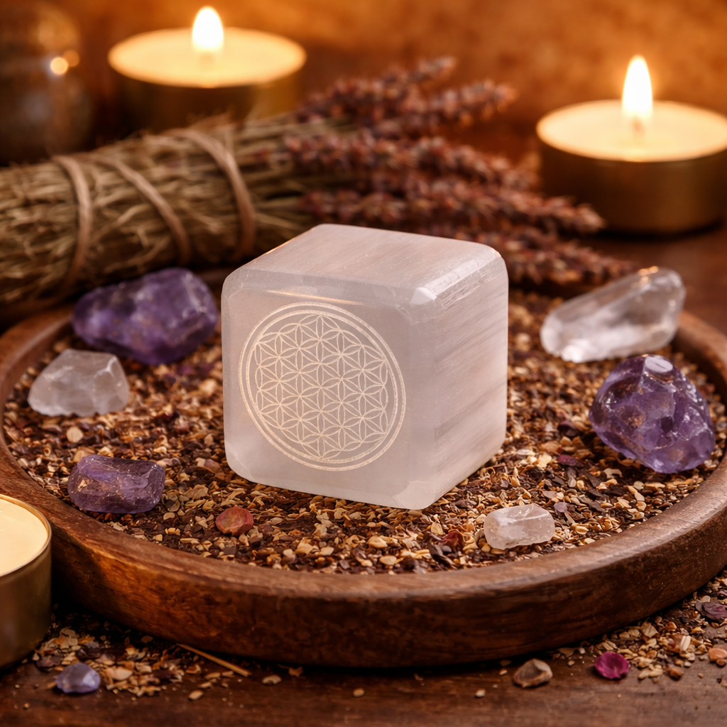 Selenite Flower of Life Cube shown on a tabletop
