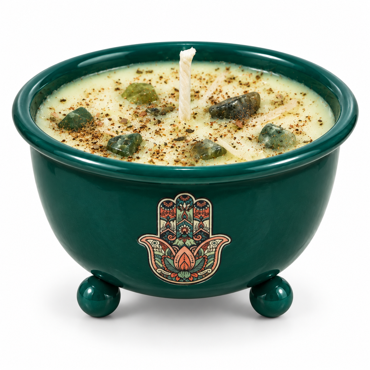 Lavender Garden Crystal Votive Candle | Green Hamsa Bowl