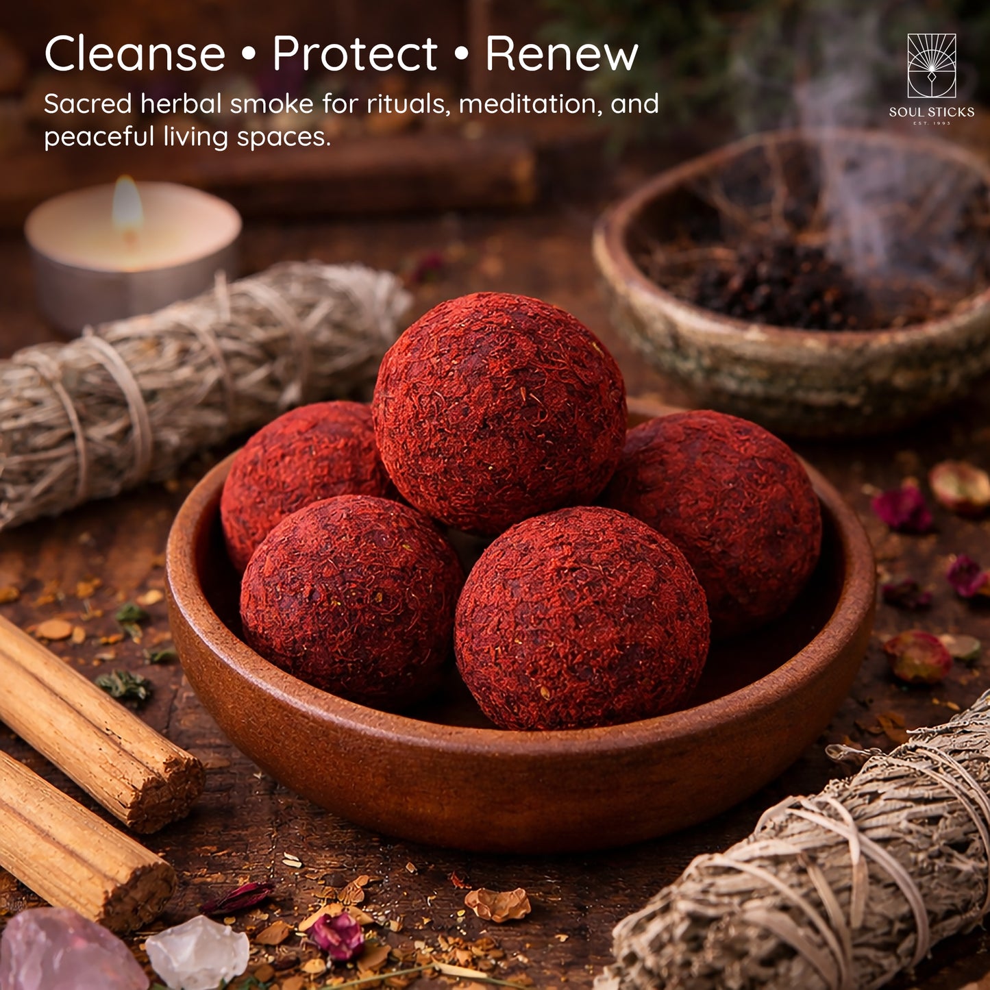 Dragon's Blood smudge bombs arranged in a bowl with herbs or flowers