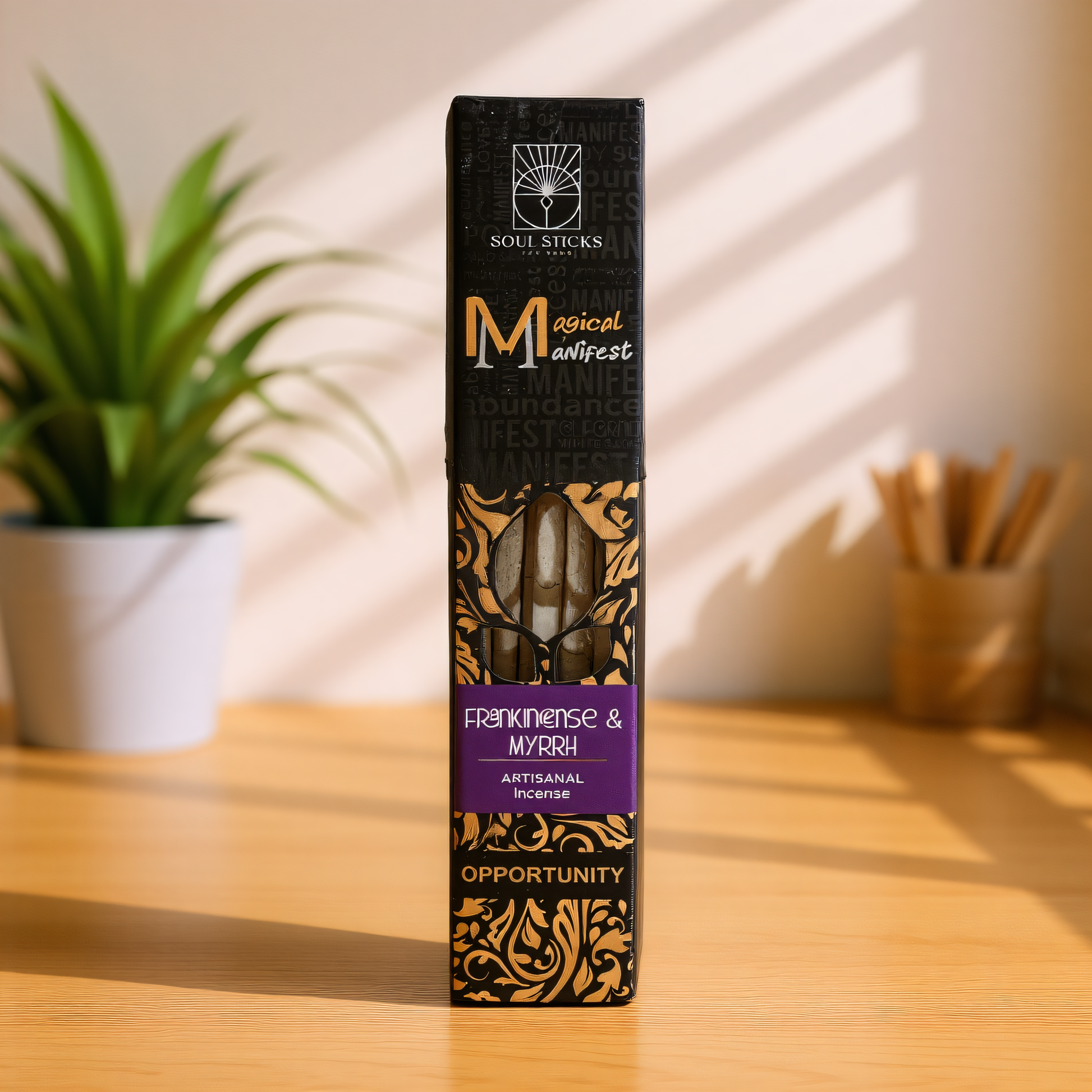 Magical Manifest Frankincense & Myrrh Incense on a bright sunlit rustic kitchen counter