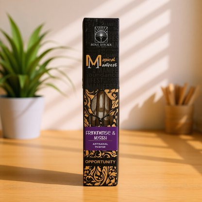 Magical Manifest Frankincense & Myrrh Incense on a bright sunlit rustic kitchen counter