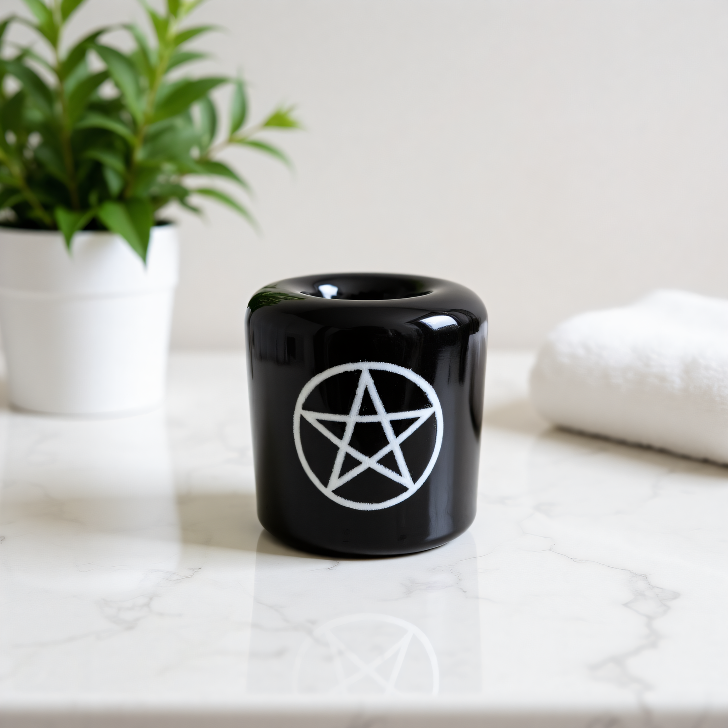 Ceramic Candle Holder Black with White Pentacle image 3