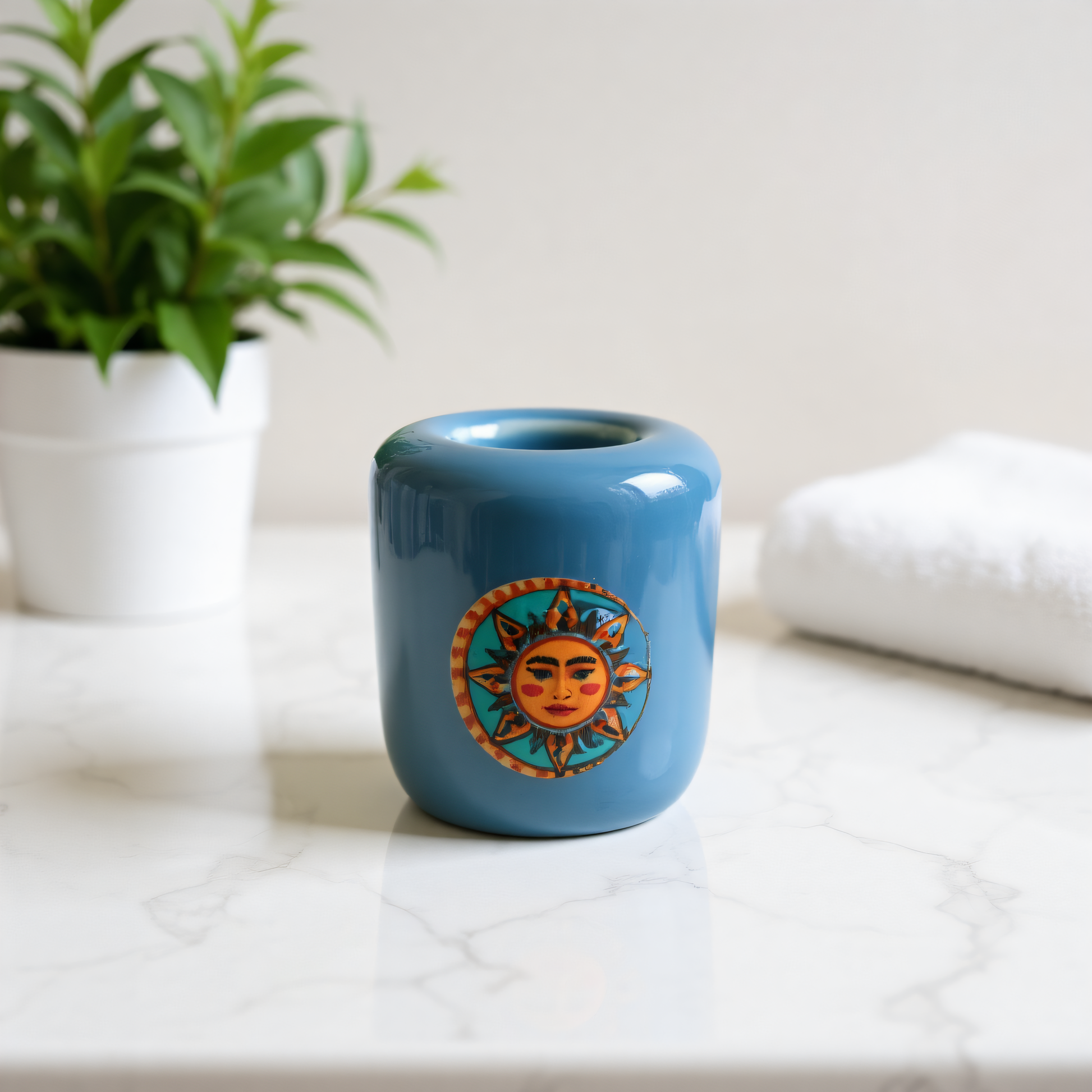 Ceramic Candle Holder Blue with Sun and Moon image 3