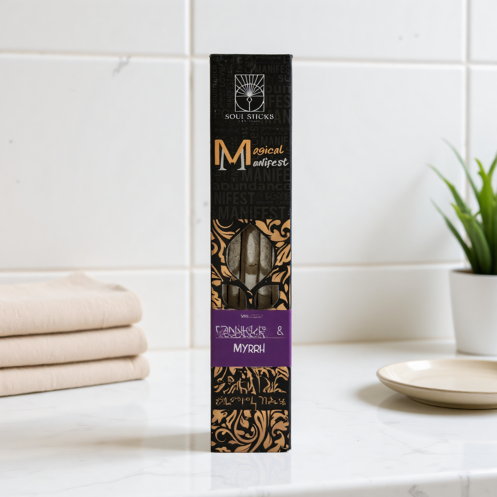 Magical Manifest Frankincense & Myrrh Incense on a bright white marble vanity with clean spa styling