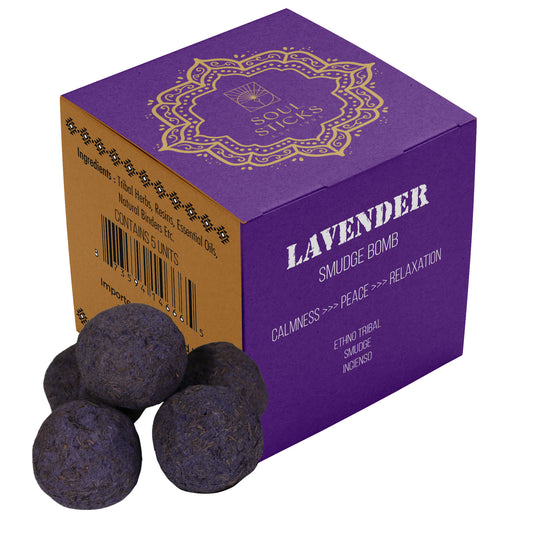 Purple box of lavender smudge bombs with decorative elements on a white background