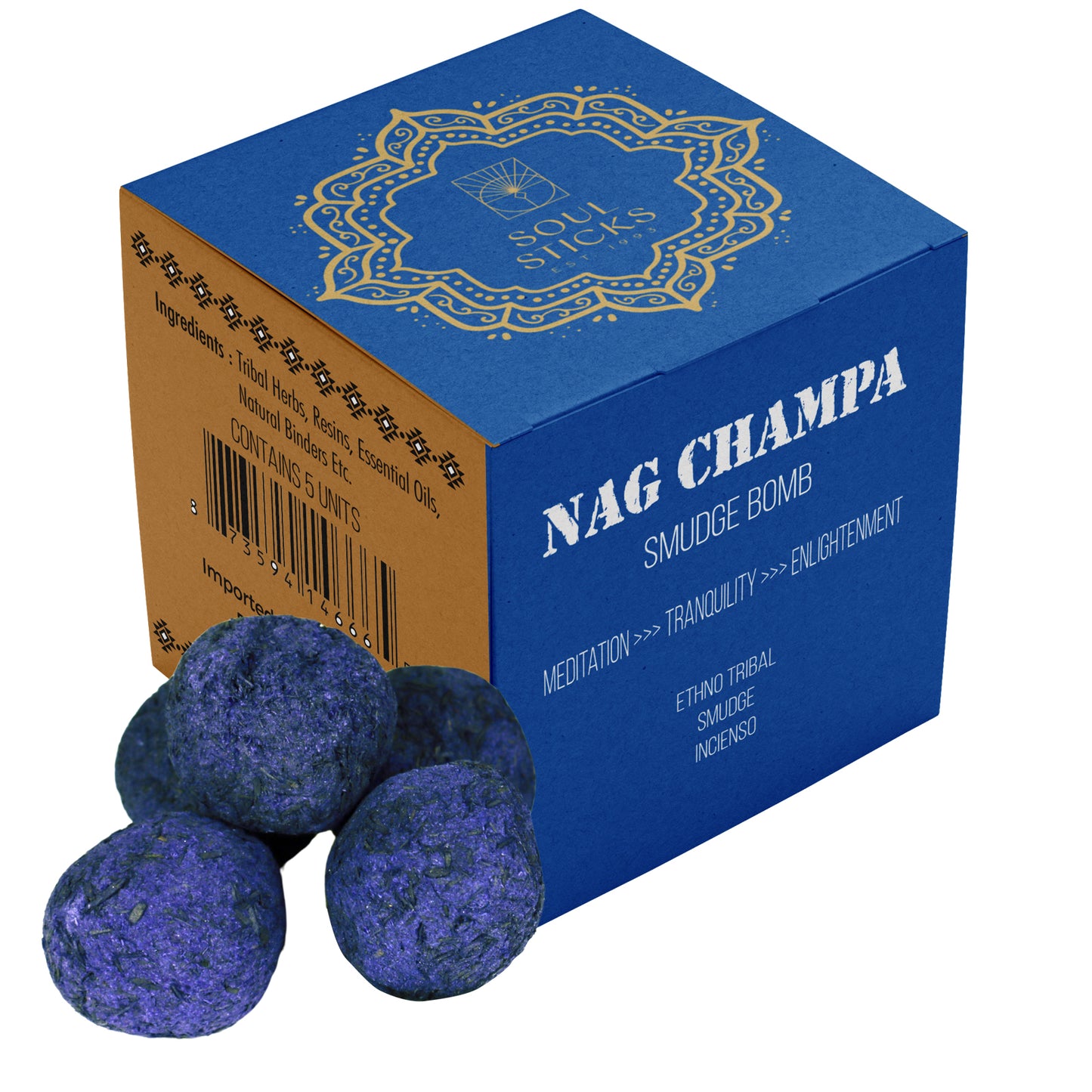 Box of Nag Champa smudge bombs on a plain background