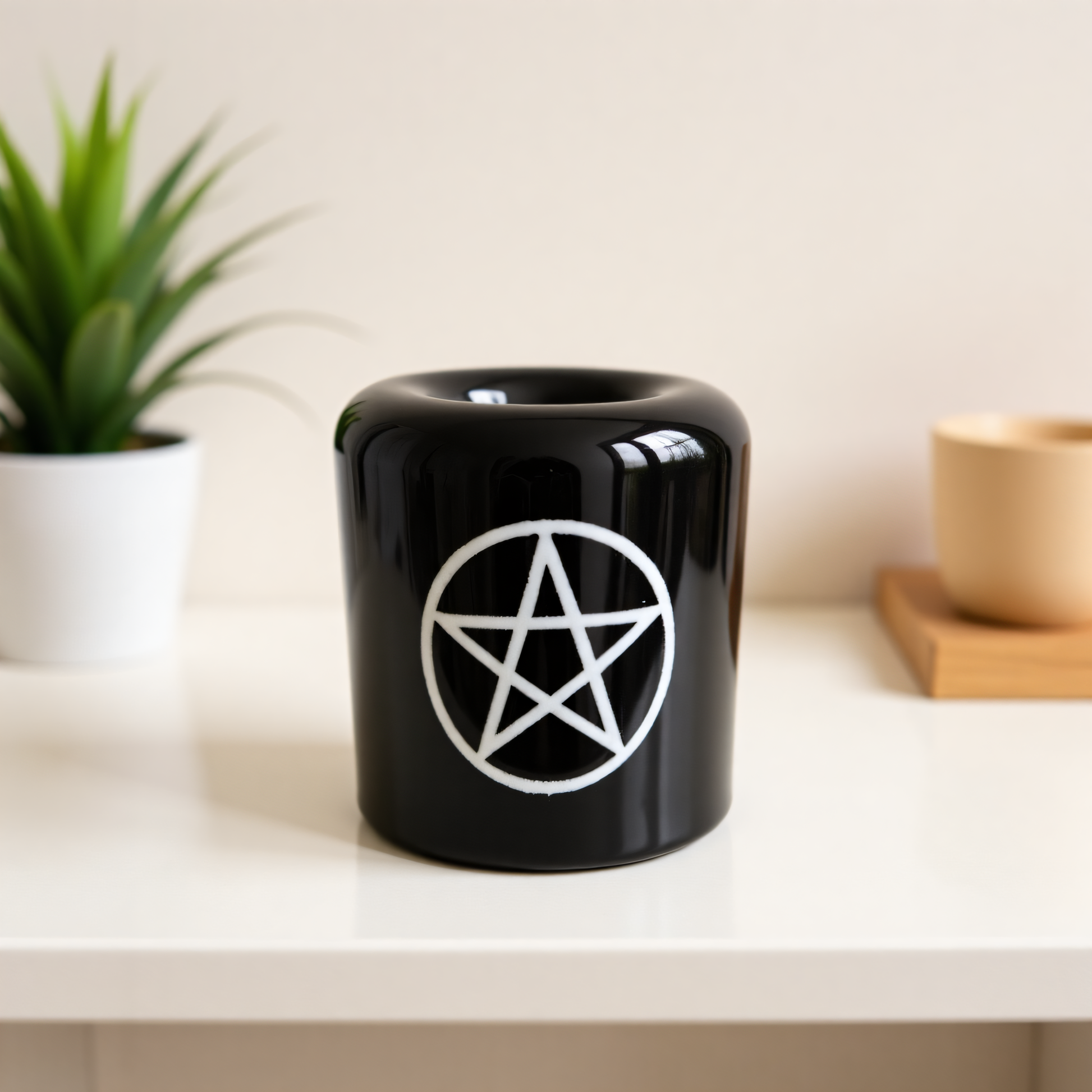 Ceramic Candle Holder Black with White Pentacle image 4