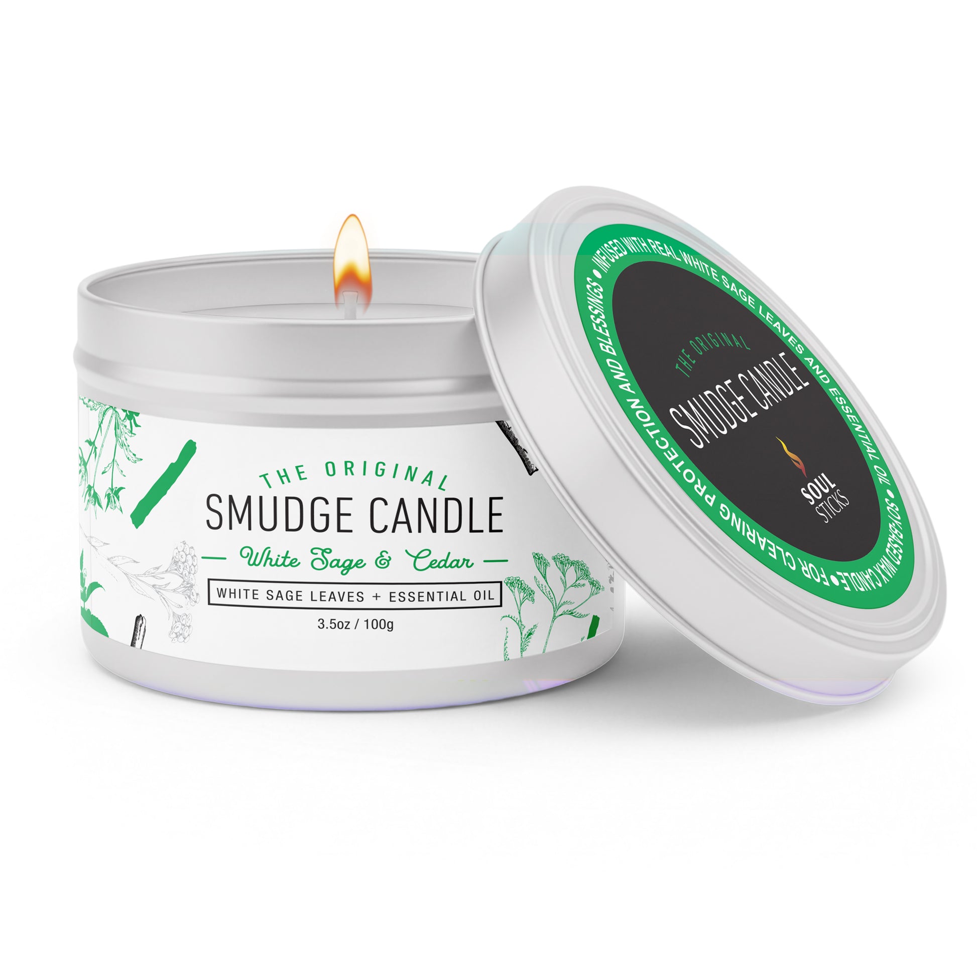 White Sage & Cedar Smudge Candle shown in a metal tin