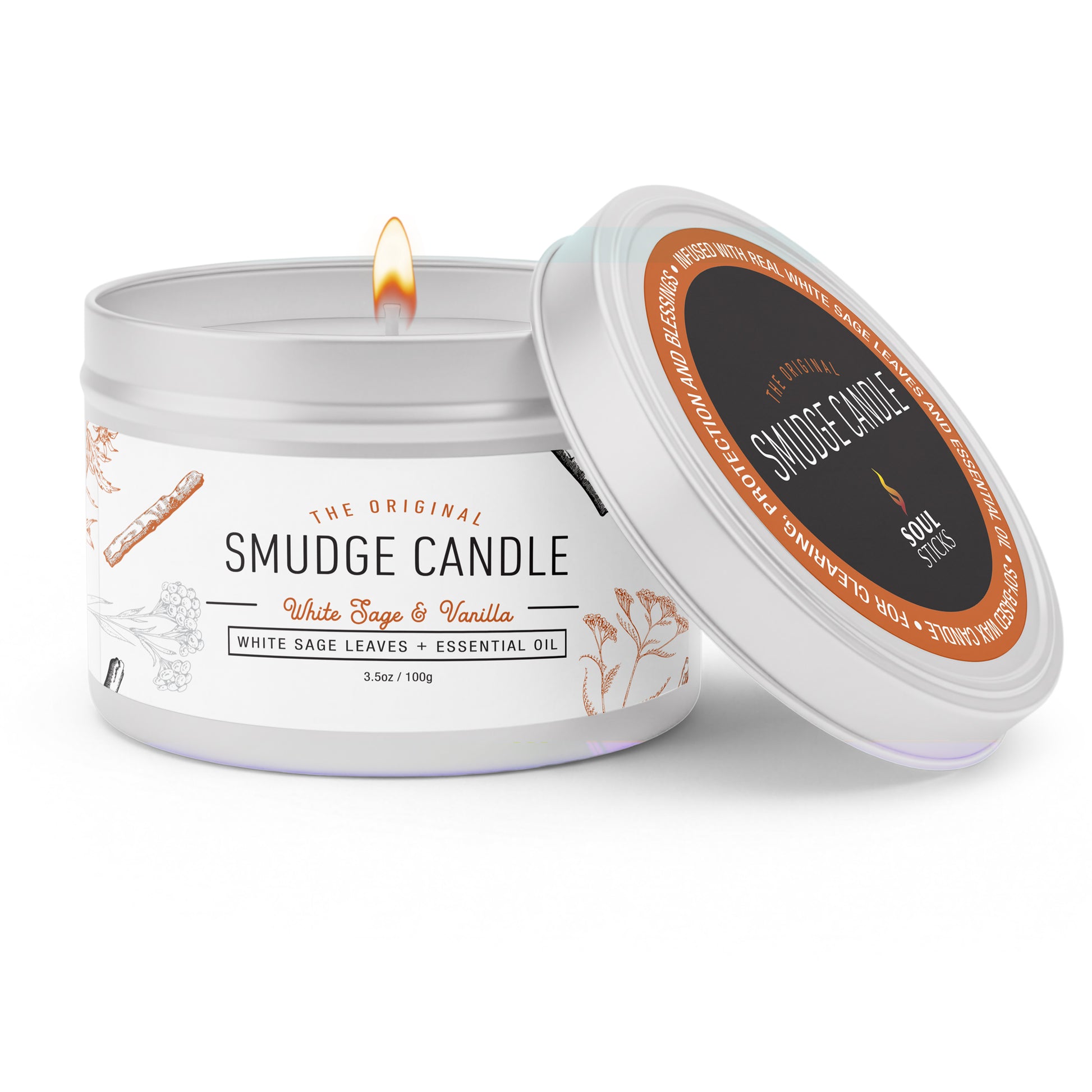 White Sage & Vanilla Smudge Candle shown in a metal tin