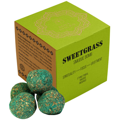 Box of Sweetgrass Braids smudge bombs on a plain background