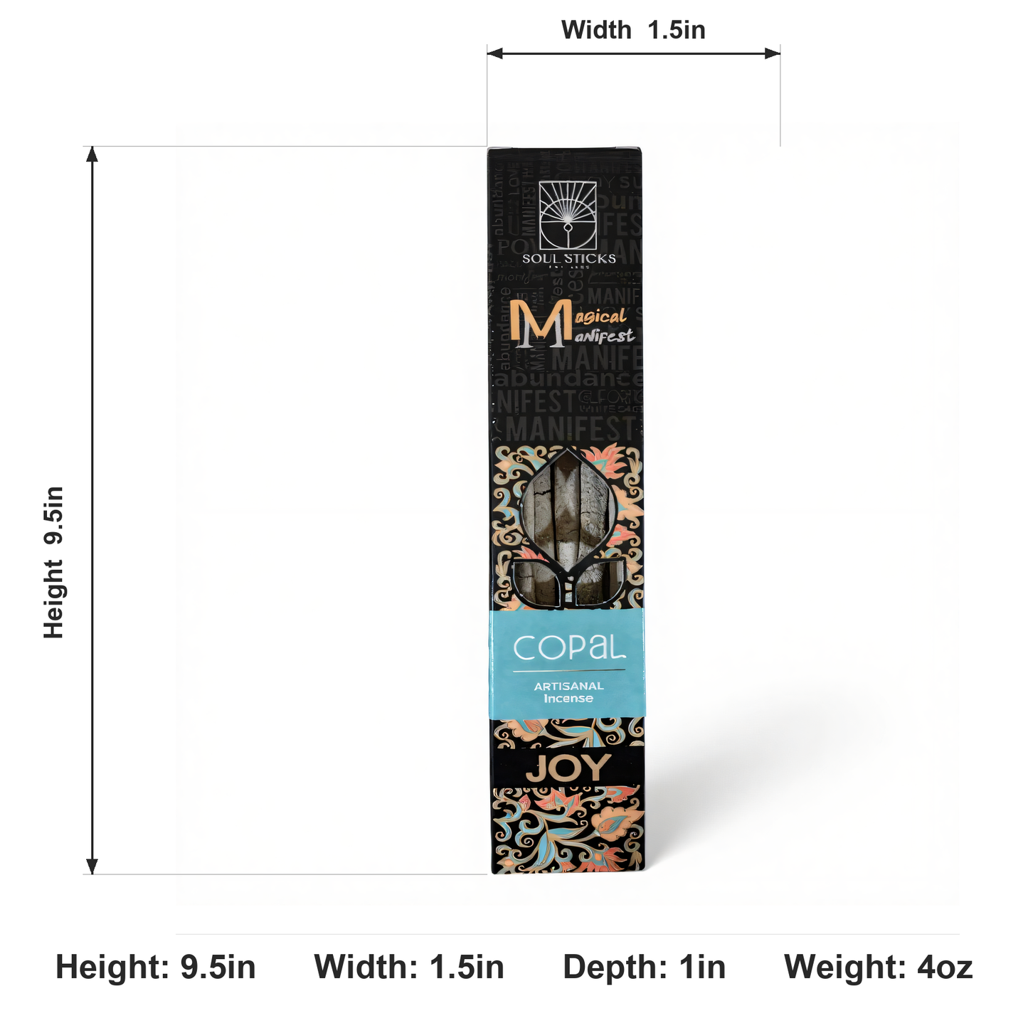 Magical Manifest Copal Incense front-facing measurement infographic showing size and weight