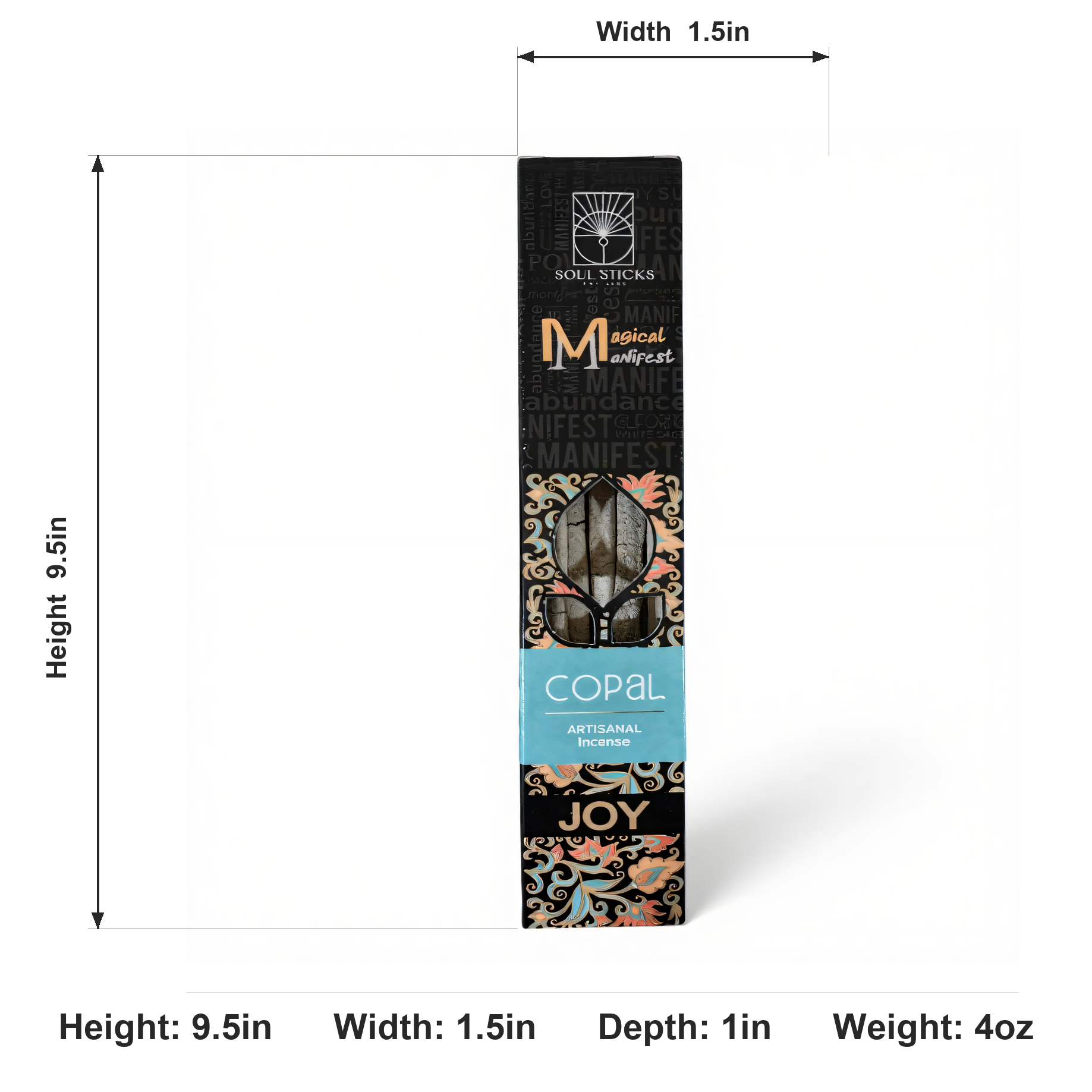 Magical Manifest Copal Incense front-facing measurement infographic showing size and weight
