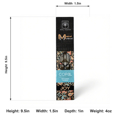 Magical Manifest Copal Incense front-facing measurement infographic showing size and weight