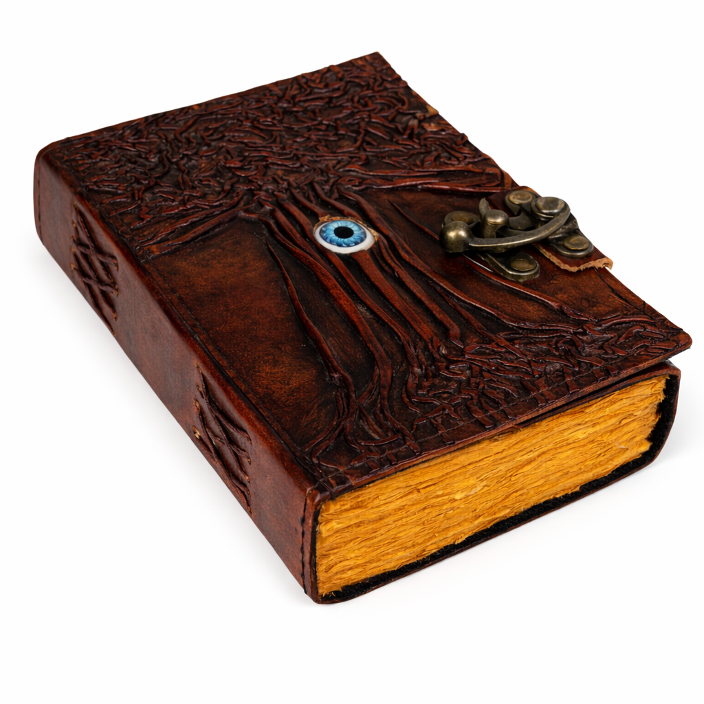 Closed Evil Eye Tree leather journal cover shown from the front