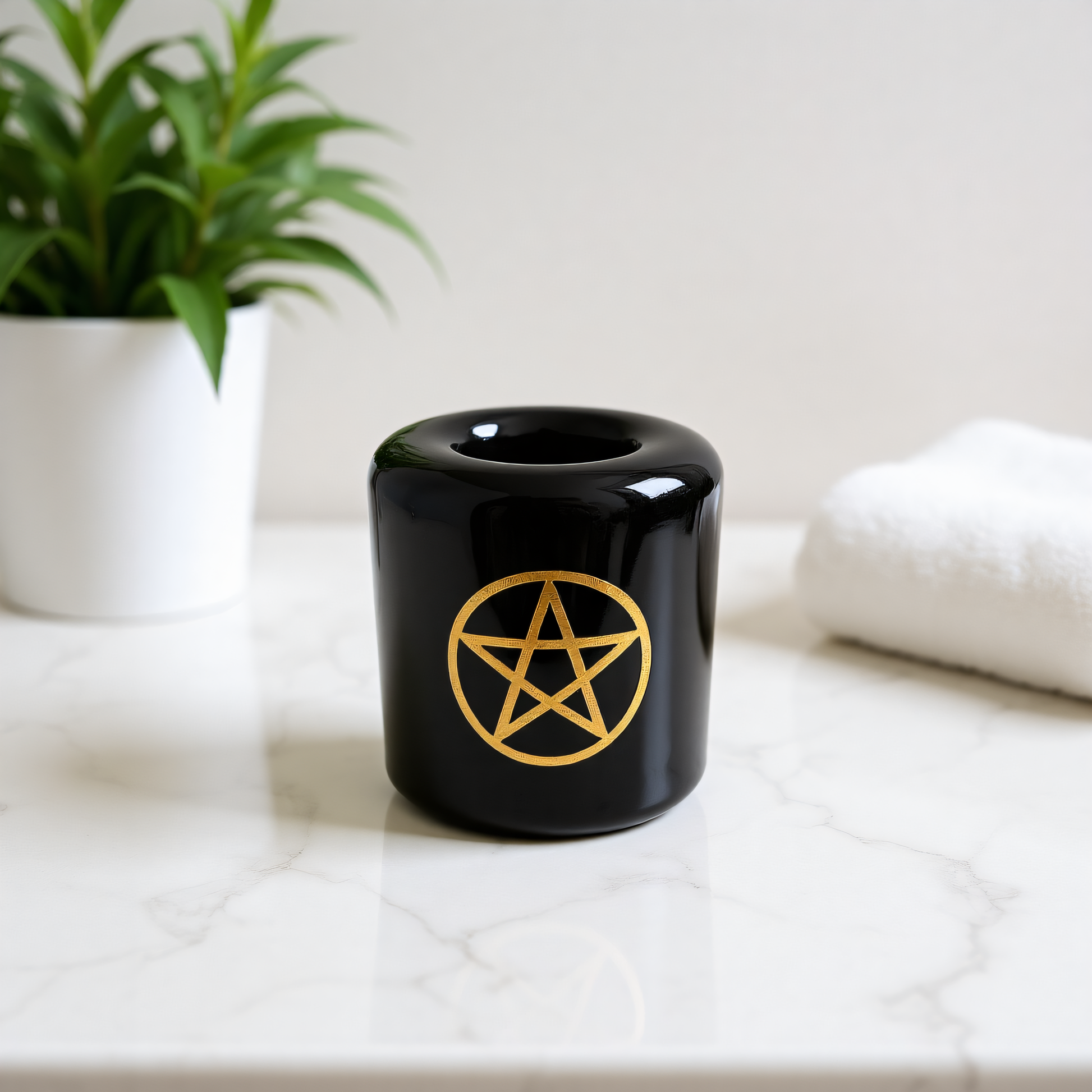 Ceramic Candle Holder Black with Gold Pentacle image 3