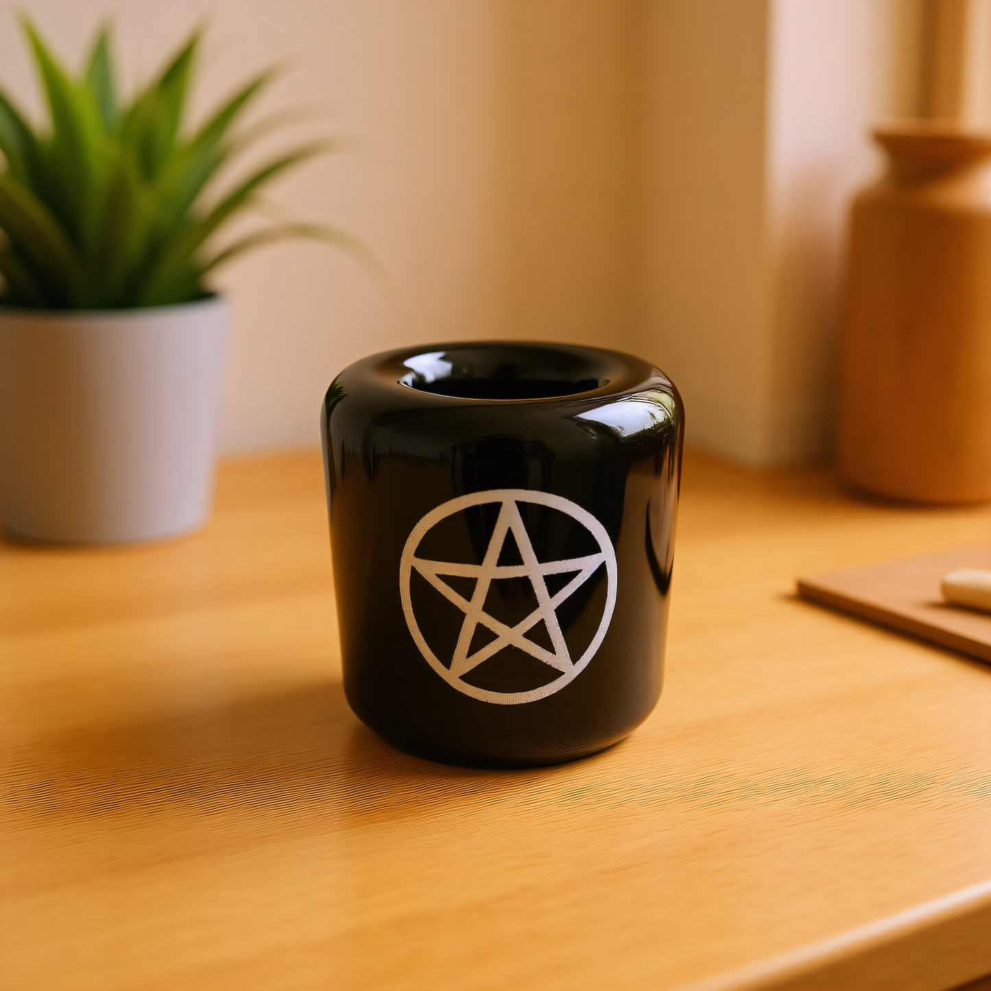 Ceramic Candle Holder Black with White Pentacle image 2