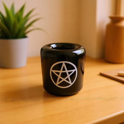 Ceramic Candle Holder Black with White Pentacle image 2