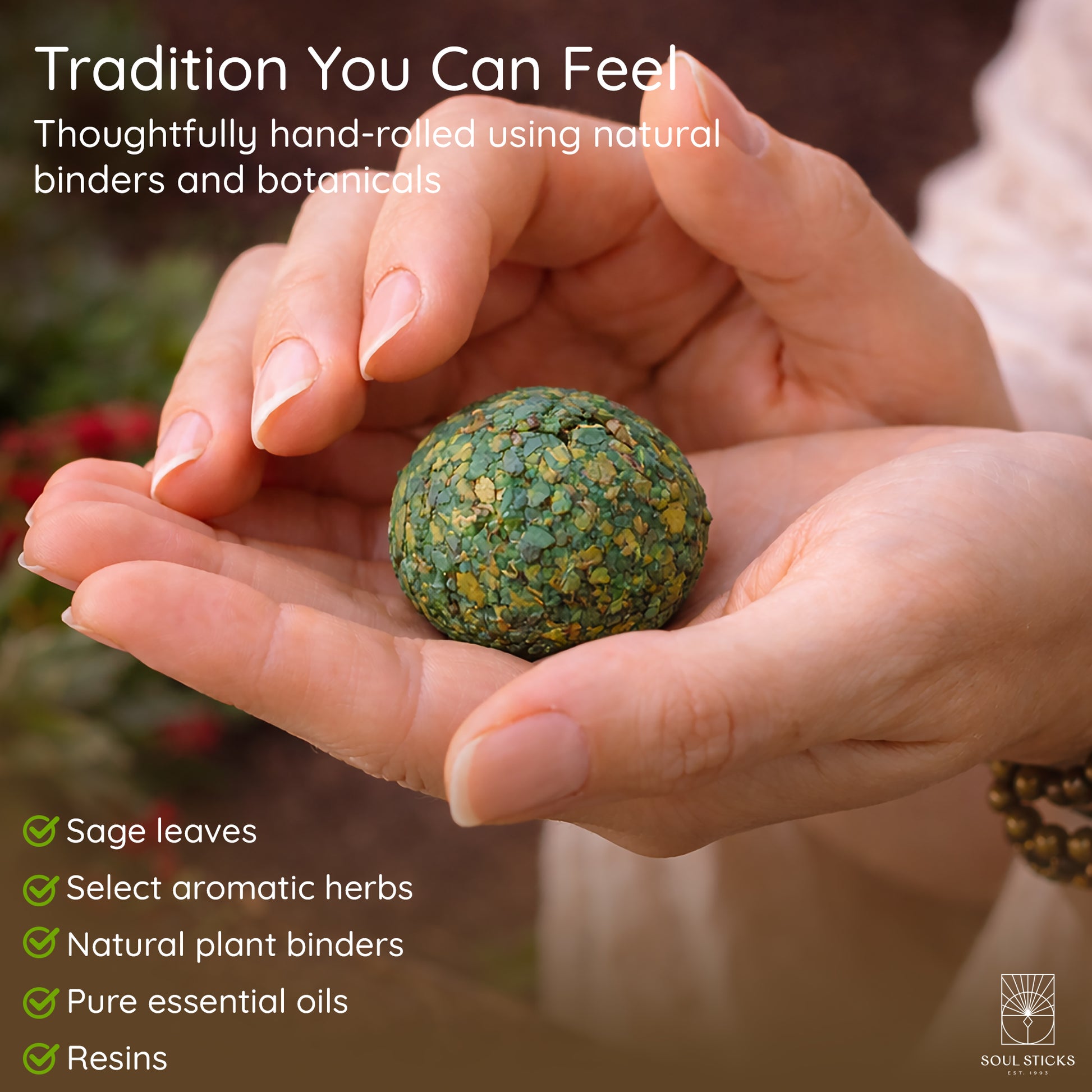 Sweetgrass Braids smudge bombs arranged in a bowl with herbs or flowers