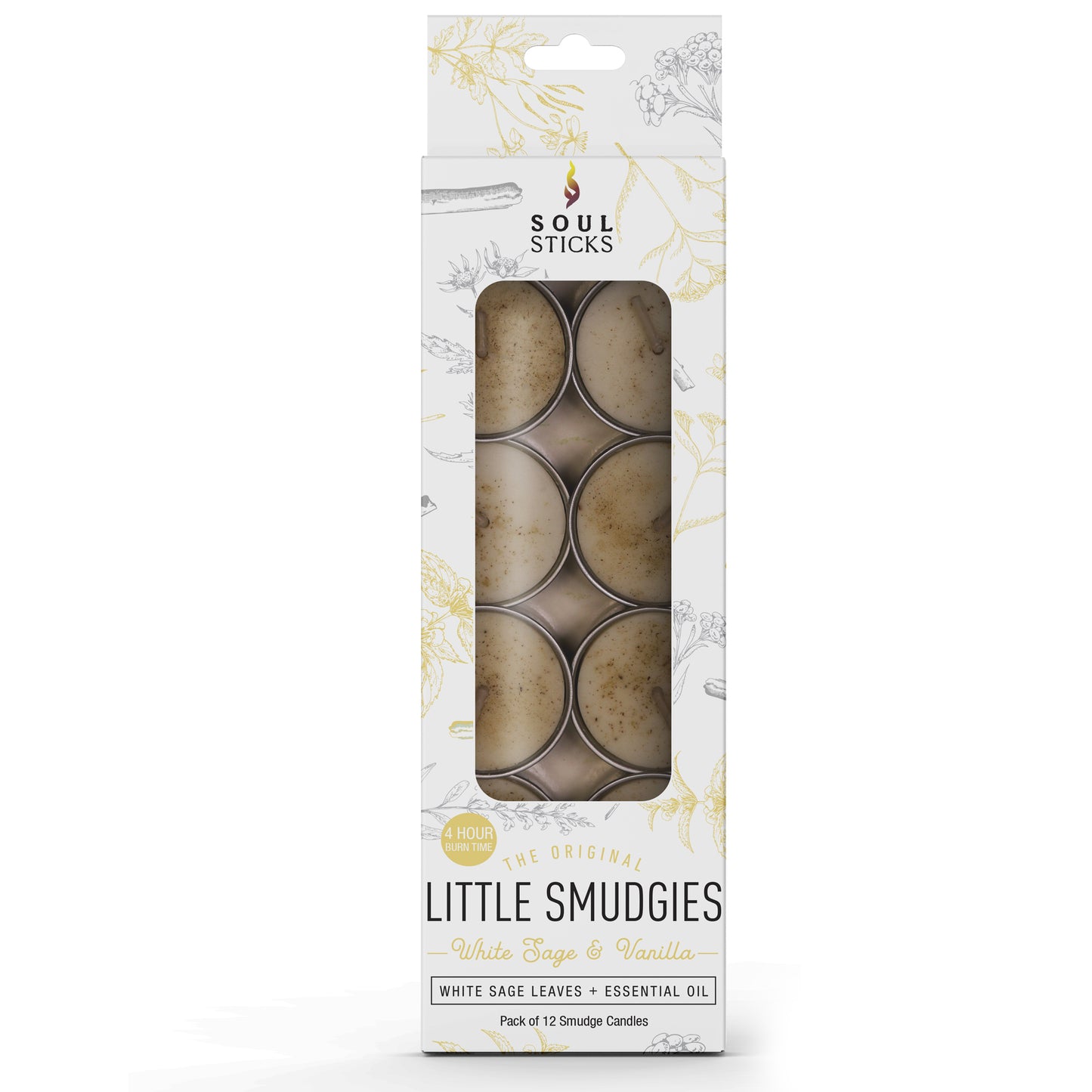 Little Smudgies White Sage & Vanilla Smudge Candle Pack shown in a metal tin